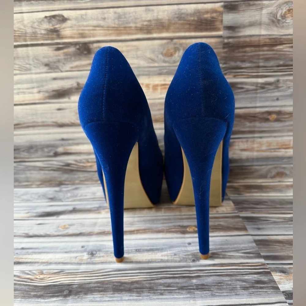 OCHENTA Women's Platform Slip On High Heels Dress Pumps Blue Velvet stilettos